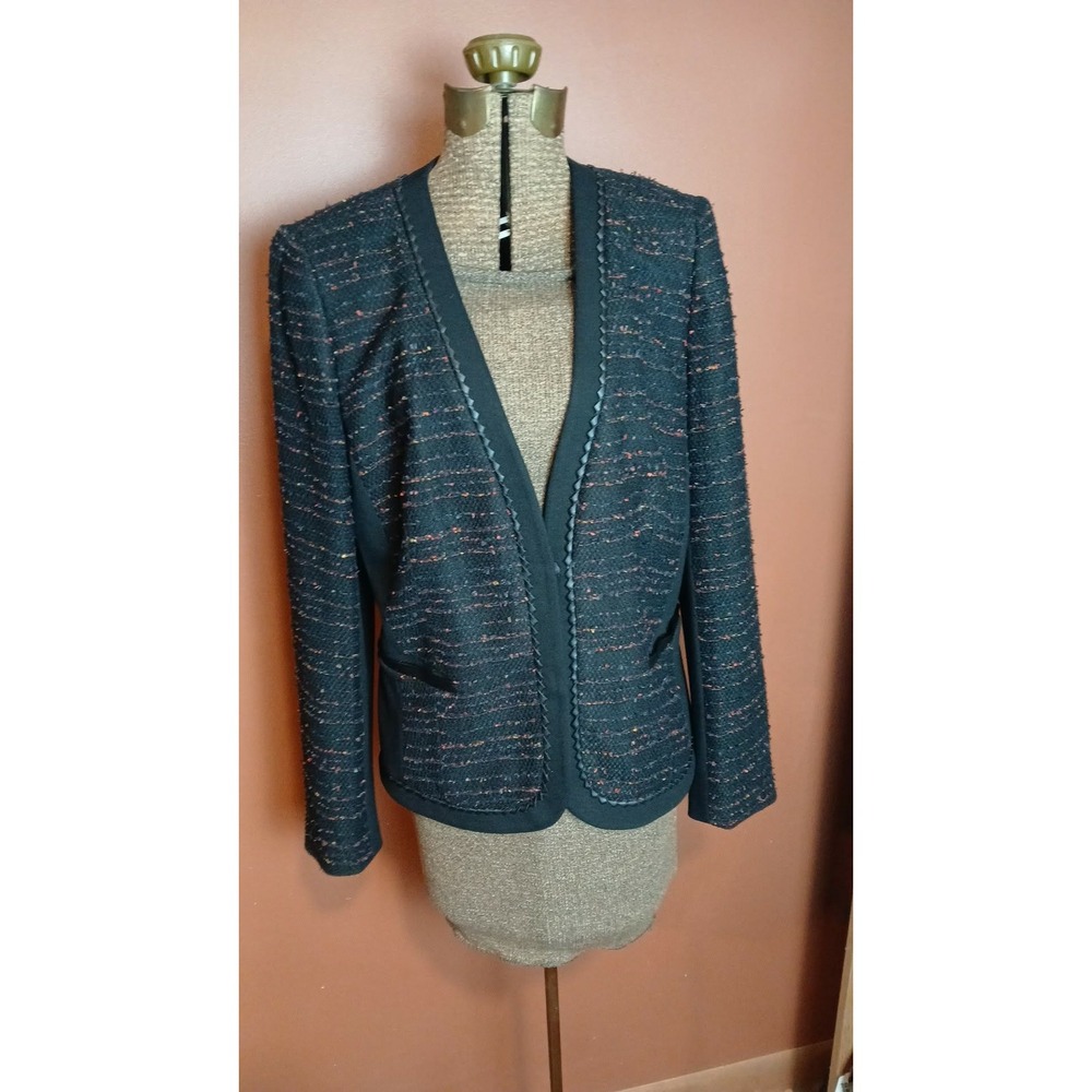 Black Textured Tweed Open Front Blazer with Braided Faux Leather Trim